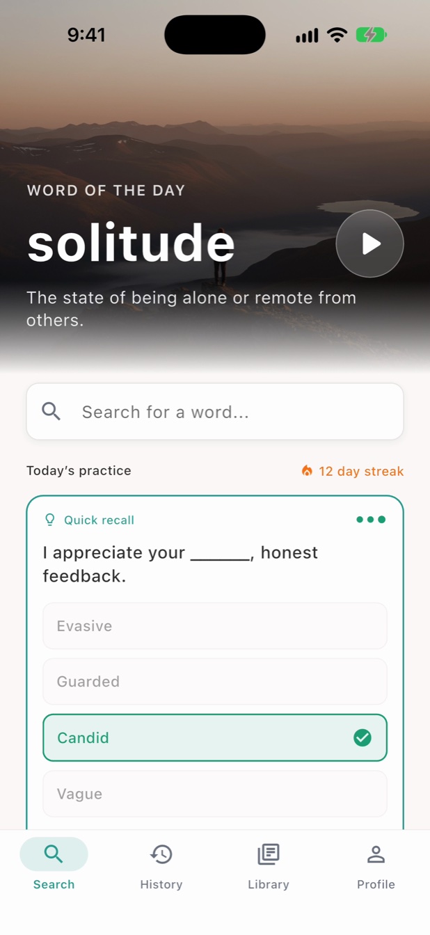Word of the Day with Today's Practice and a 12-day streak