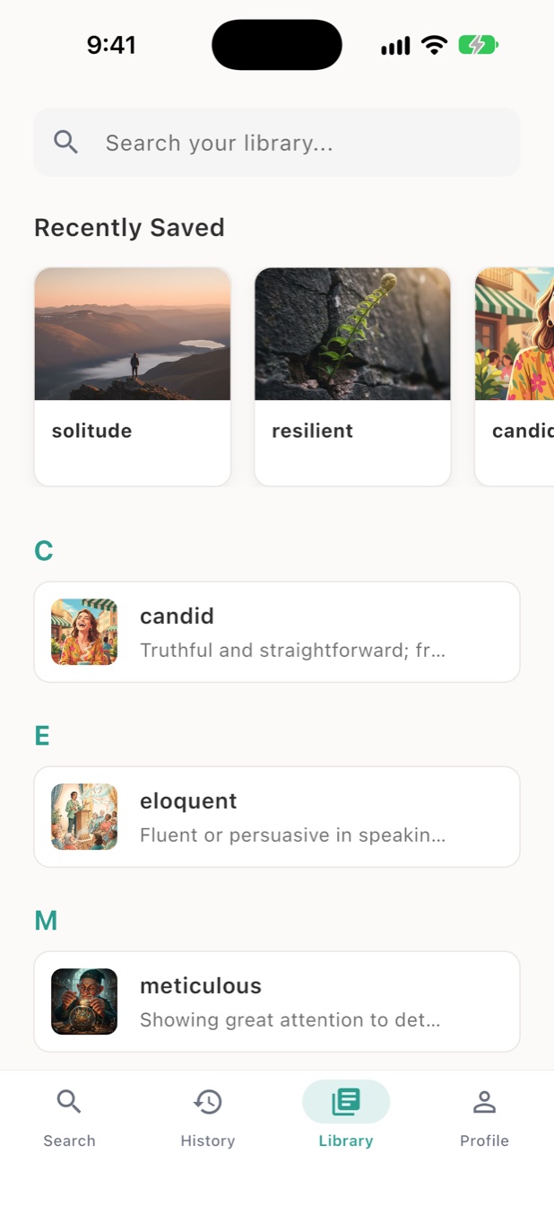 Library of saved words with illustrations
